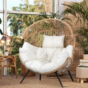 JAMFLY Egg Chair Outdoor Wicker Patio Chair, Oversized Lounger Chair with Cushion Egg Basket Chair for Indoor Living Room Bedroom Outside Patio Backyard Balcony