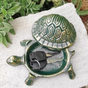 BSTWISH Cast Iron Turtle Key Hider - Spare Key Holder - Garden Decoration Turtle, Jewelry Trinkets Box for Key, Ear Studs, Ring, Paper Clip (Antique Green)