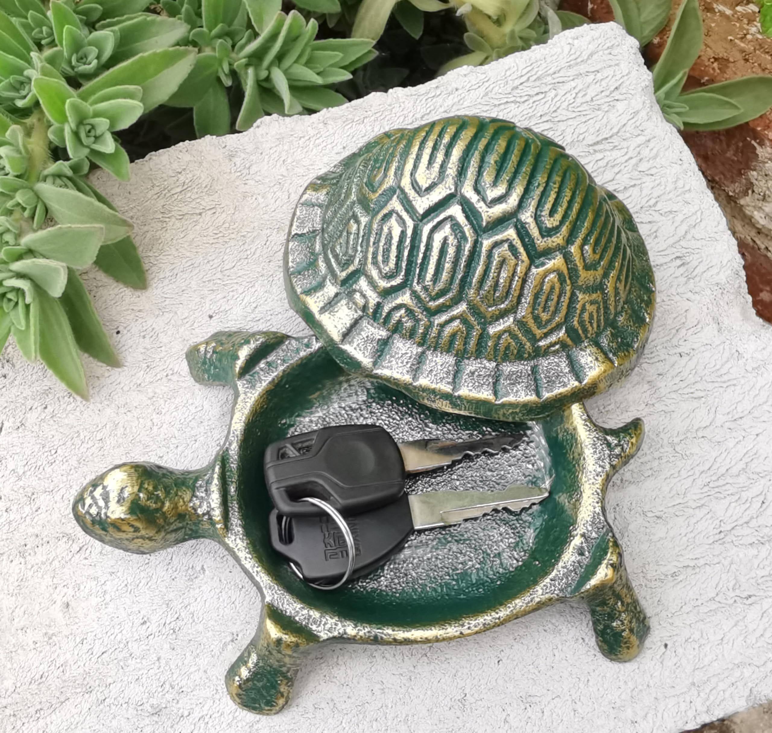 BSTWISH Cast Iron Turtle Key Hider - Spare Key Holder - Garden Decoration Turtle, Jewelry Trinkets Box for Key, Ear Studs, Ring, Paper Clip (Antique Green)