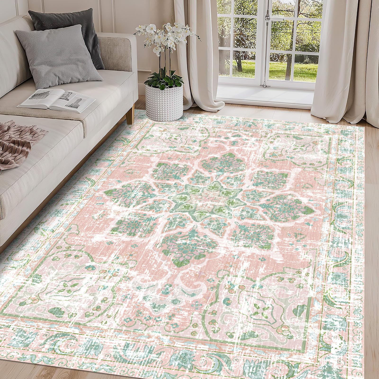 Vhong Boho Area Rugs Vintage Washable Neutral Modern Dusty Pink and Green 5x7 Non Slip Carpet for Nursery Living Room Dining Room Bedroom Farmhouse Girls'Room