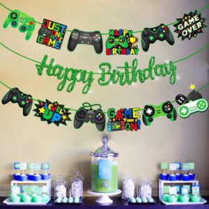 Video Game Birthday Banners Gamer Birthday Party Decorations 3Pcs Game on Party Decorations Gaming Happy Birthday Banner Green for Game Theme Baby Shower Supplies