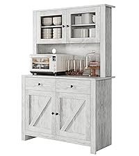 IDEALHOUSE Kitchen Pantry Cabinet with Microwave Stand, Freestanding Hutch with Drawers, Doors & Adjustable Shelves, Buffet Cabinet with Storage, Food Pantry for Kitchen, Dining Room, Grey