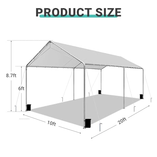 Heavy Duty 10 X 20 Ft Easy to Assemble Metal Car Canopy Shelter with Reinforced Steel Cables, Outdoor Portable Garage for Car, Boat Tent, Light Grey