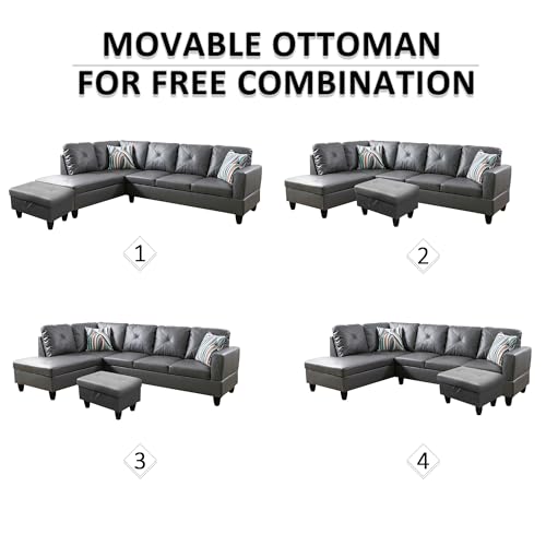 97" W Sectional Couches for Living Room, Sectional Sofas for Living Room, Modular Sectional Sofa with Storage Ottoman, L Shaped Couch, Faux Leather Couch for Living Room Furniture Sets, Dark Grey