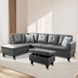 97" w sectional couches for living room, sectional sofas for living room, modular sectional sofa with storage ottoman, l shaped couch, faux leather couch for living room furniture sets, dark grey