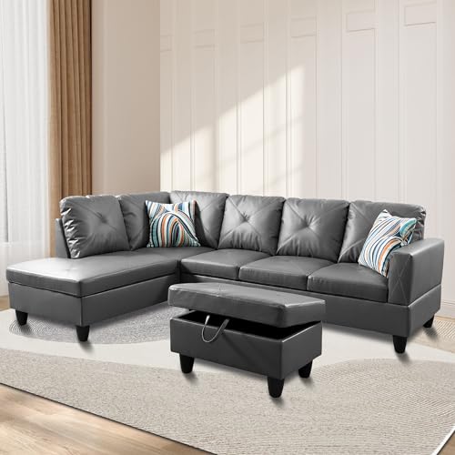 97" W Sectional Couches for Living Room, Sectional Sofas for Living Room, Modular Sectional Sofa with Storage Ottoman, L Shaped Couch, Faux Leather Couch for Living Room Furniture Sets, Dark Grey