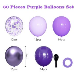 Purple Balloons Set, 60 Pieces 12 Inches Metallic Chrome Purple Balloons Lavender Lilac Balloons Dark Purple Confetti Balloons for Halloween Party Decorations Birthday Bridal Shower