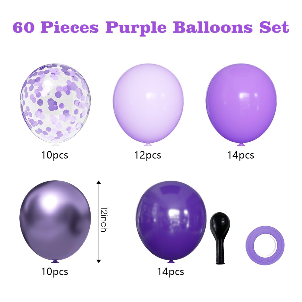 Purple Balloons Set, 60 Pieces 12 Inches Metallic Chrome Purple Balloons Lavender Lilac Balloons Dark Purple Confetti Balloons for Halloween Party Decorations Birthday Bridal Shower