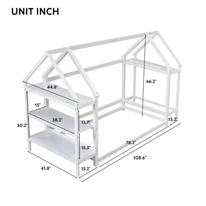 ROCKINGRUN Twin Size Wood House Bed,Wood Platform Bed with Storage Shelves and Hanger,Floor Twin Size Montessori Bed Frame, Kids Boys Girls Bedroom,Living Room,No Box Spring Required,White