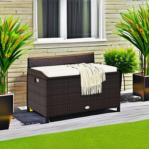 YITAHOME Outdoor Wicker Storage Bench Deck Box, Large PE Rattan Patio Storage Bench w/Covenient Handles and Soft Cushion for Patio, Yard, Lawn, Garden