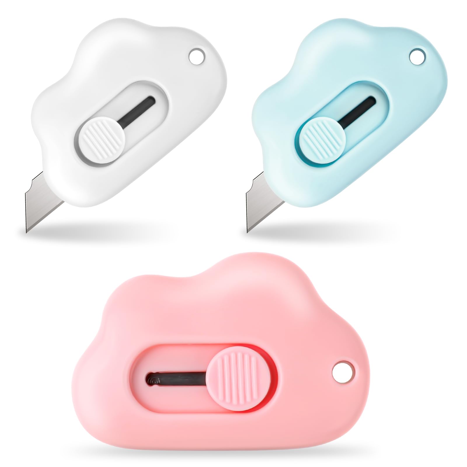 Cute Retractable Box Cutter Cloud Shaped Mini Box Cutters Utility Knives Art Cutter Package Opener Tool for Office, Home, DIY Crafts (Blue&White&Pink)