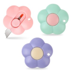 cute retractable box cutters flower shaped mini box cutters utility knives art cutter package opener tool for office, home, diy crafts (purple&green&pink)