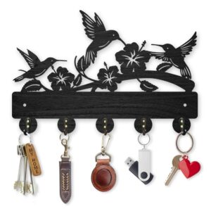 mayjoydiy wood bird flower coat rack wall mounted 11.8×7.9inch self-adhesive hummingbird key holder for wall black birds hooks wall art decor 5 alloy hooks for entryway living room camping gift