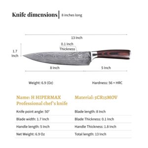 HIPERMAX Damascus 8 inch professional and household chef's knife made of sharpened stainless steel with high carbon content and ergonomic pakka wood handle for cutting food, luxury gift case