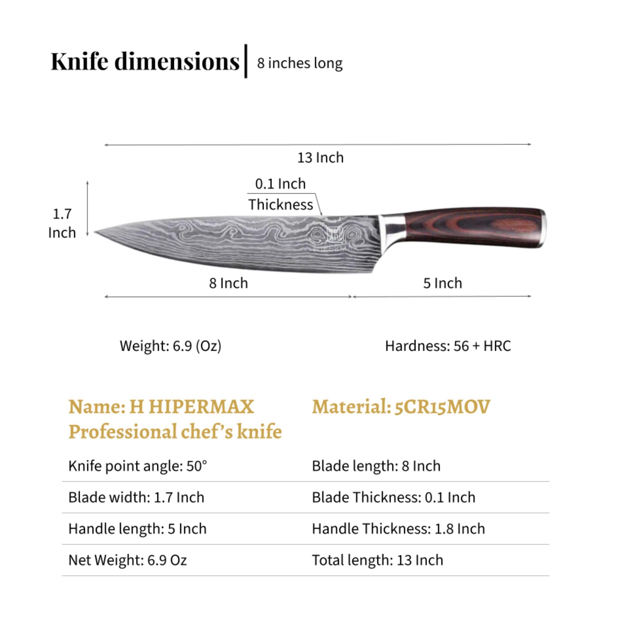 HIPERMAX Damascus 8 inch professional and household chef's knife made of sharpened stainless steel with high carbon content and ergonomic pakka wood handle for cutting food, luxury gift case