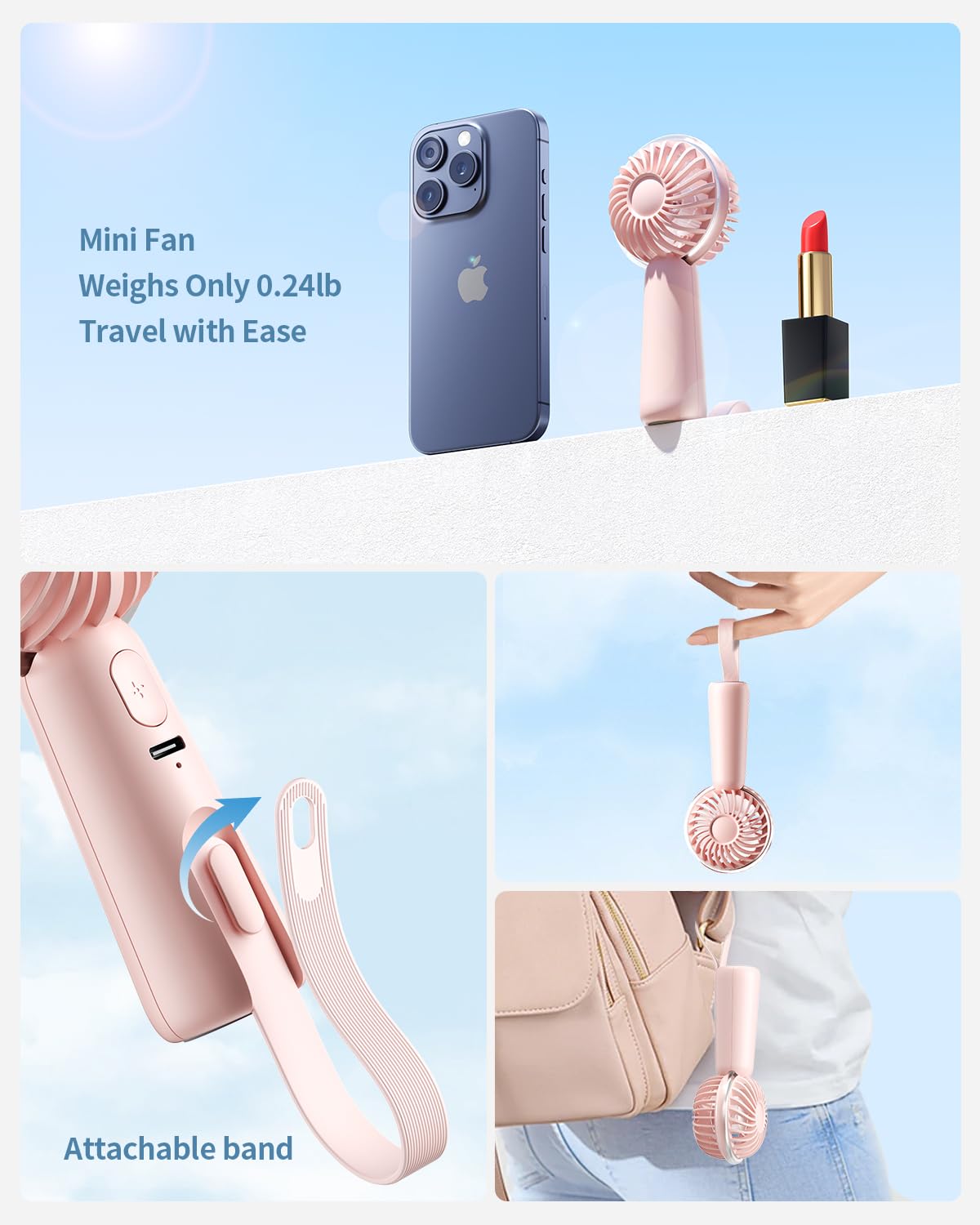 coldSky Portable Handheld Mini Fan, 3 Speeds Personal Small Fan For Makeup Eyelash, Cute Design Rechargeable Desk Fan With Non-slip Base For Travel, Bedroom, Woman, Men