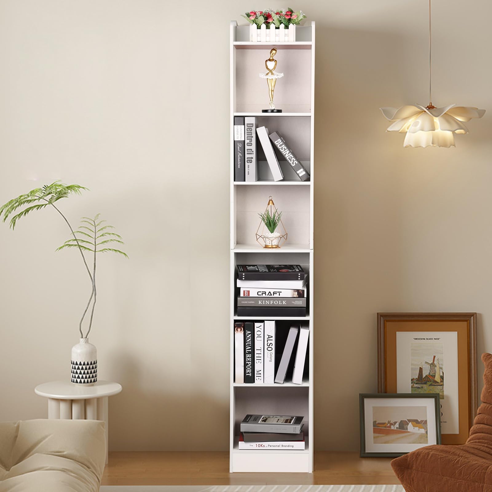 Worparsen 70.9 Inch Tall Narrow Bookcase,Floor Standing Storage Cabinet,Corner Bookshelf with Storage,6 Tier Cube Display Shelves,Tall Narrow Bookcase Display Bookshelf for Home Office White