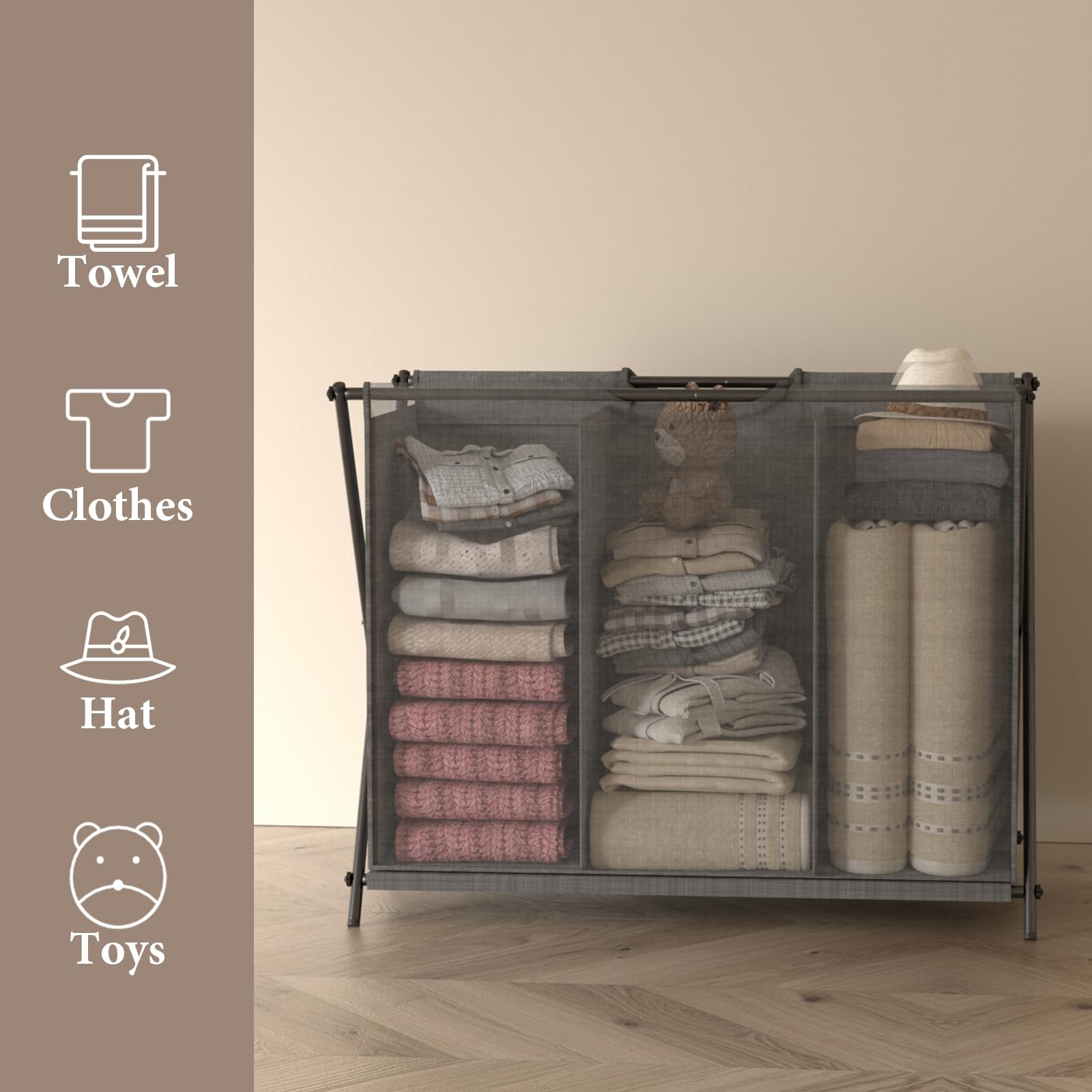 Laundry Sorter 3 Section Foldable Laundry Basket Laundry Hamper with 3 Dividers Clothes Toys Towels Organizer for Bathroom, Living Room