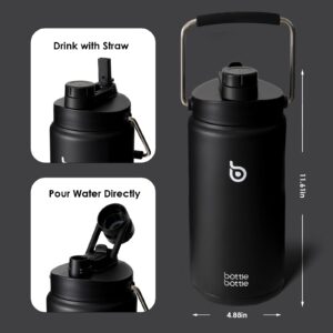 BOTTLE BOTTLE Insulated Water Bottle 64oz with Straw and Dual-use Lid Half Gallon Water Jug Vacuum Stainless Steel for Workout and Sports Insulated Beer Growler with Handle (dark black）