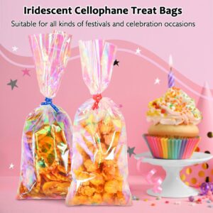 JOINDO 120PCS Iridescent Cellophane Treat Bags,4x9.5 inch Holographic Goodie Bags with Twist Ties,Clear Cello Bags for Thanksgiving, Christmas, New Year