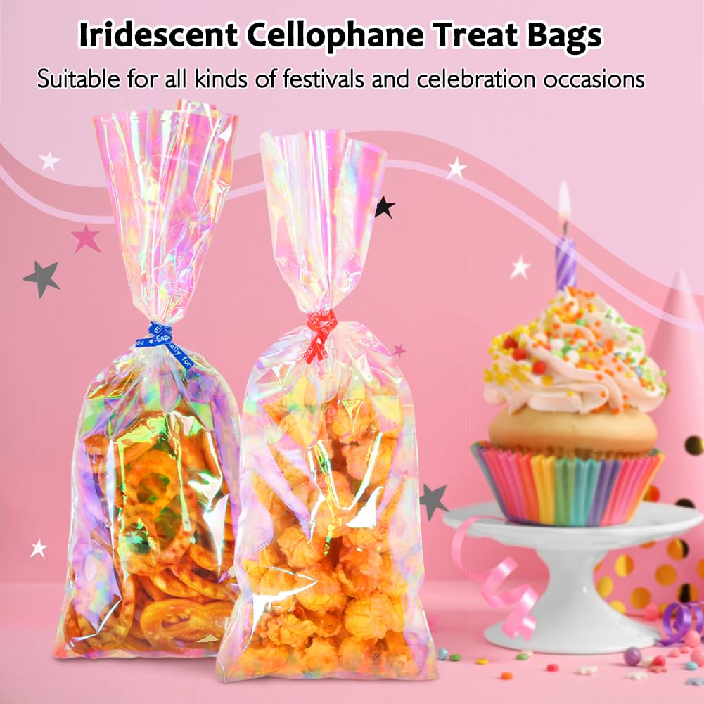 JOINDO 120PCS Iridescent Cellophane Treat Bags,4x9.5 inch Holographic Goodie Bags with Twist Ties,Clear Cello Bags for Thanksgiving, Christmas, New Year