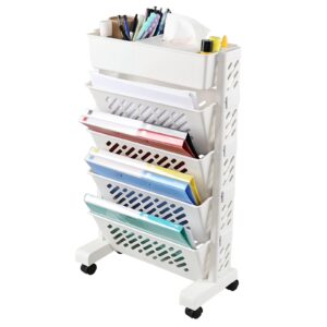 doryh 5-tier plastic mobile bookshelf organizer, movable bookcase with wheels, white