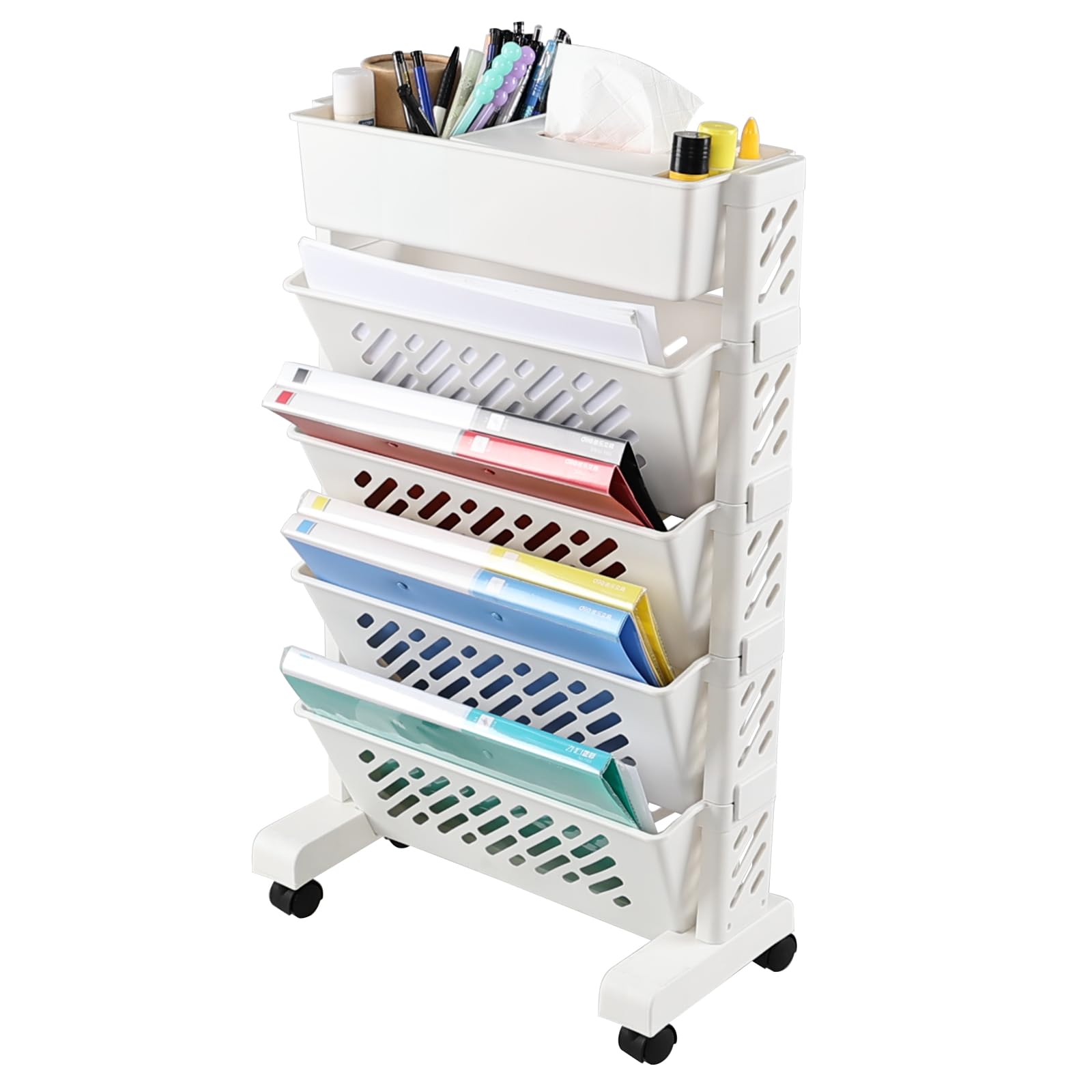 Doryh 5-Tier Plastic Mobile Bookshelf Organizer, Movable Bookcase with Wheels, White