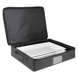 kingshion platter storage case, hard shell, china storage container for moving,dinnerware storage box w/lid and handles 18.1x14.4x3.9 in,5 felt dividers included (dark gray)