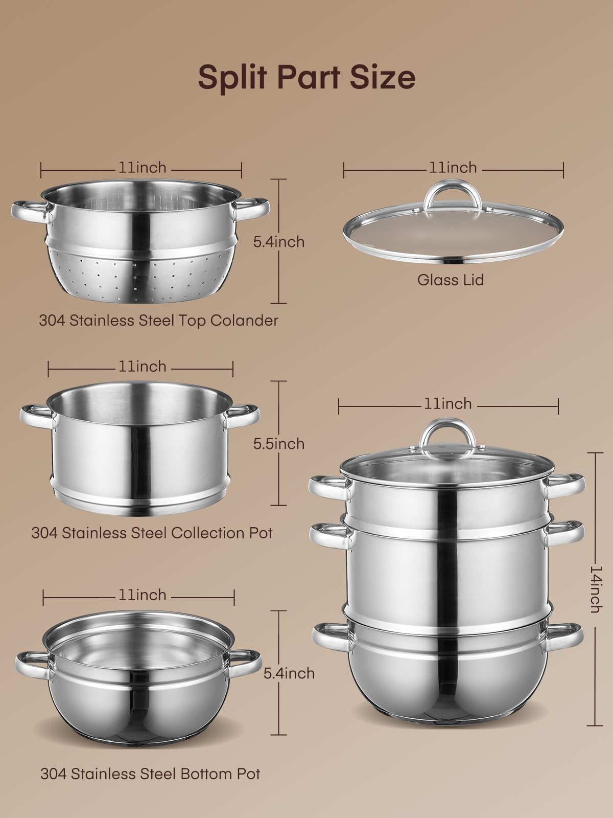 FOHERE 11Qt Steam Juicer Extractor for Canning, Juice Steamer Stainless Steel for Fruit & Vegetables with Glass Lid, Hose, Clamp, Loop Handles, Multipots Cookware for Making Juice, Jelly, Sauces