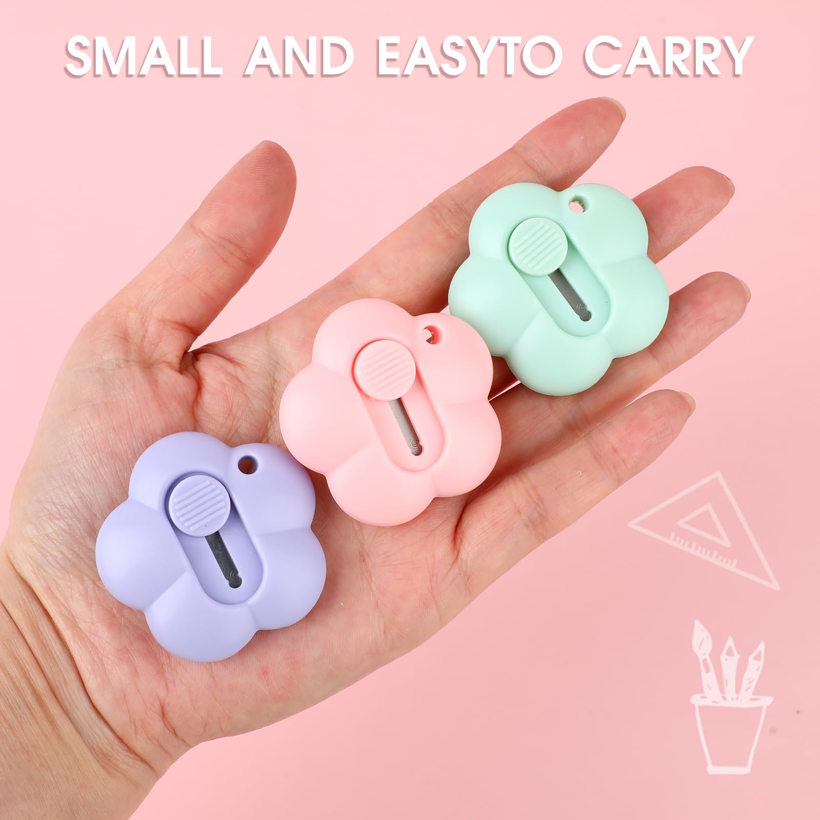 Cute Retractable Box Cutters Flower Shaped Mini Box Cutters Utility Knives Art Cutter Package Opener Tool for Office, Home, DIY Crafts (Purple&Green&Pink)