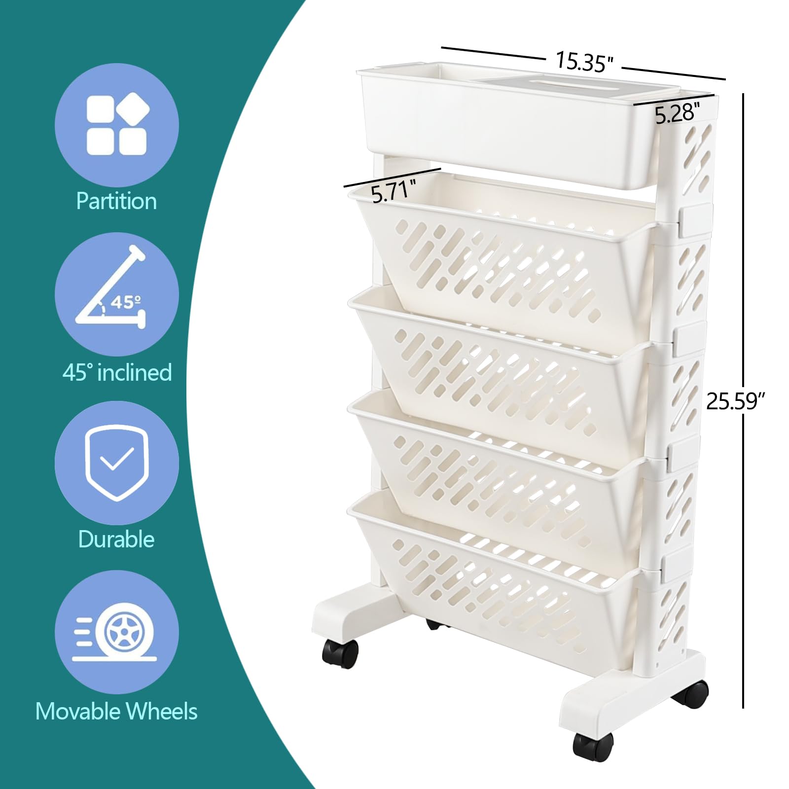 Doryh 5-Tier Plastic Mobile Bookshelf Organizer, Movable Bookcase with Wheels, White