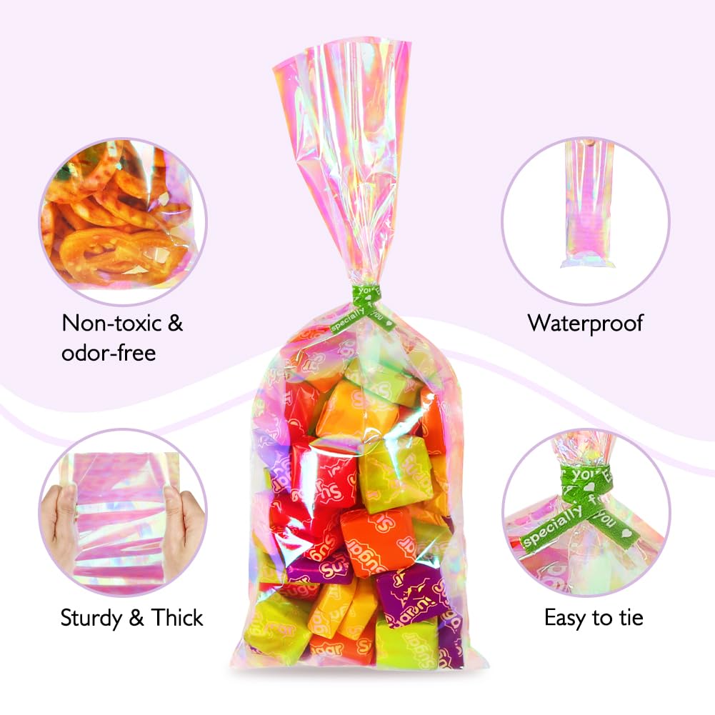 JOINDO 120PCS Iridescent Cellophane Treat Bags,4x9.5 inch Holographic Goodie Bags with Twist Ties,Clear Cello Bags for Thanksgiving, Christmas, New Year