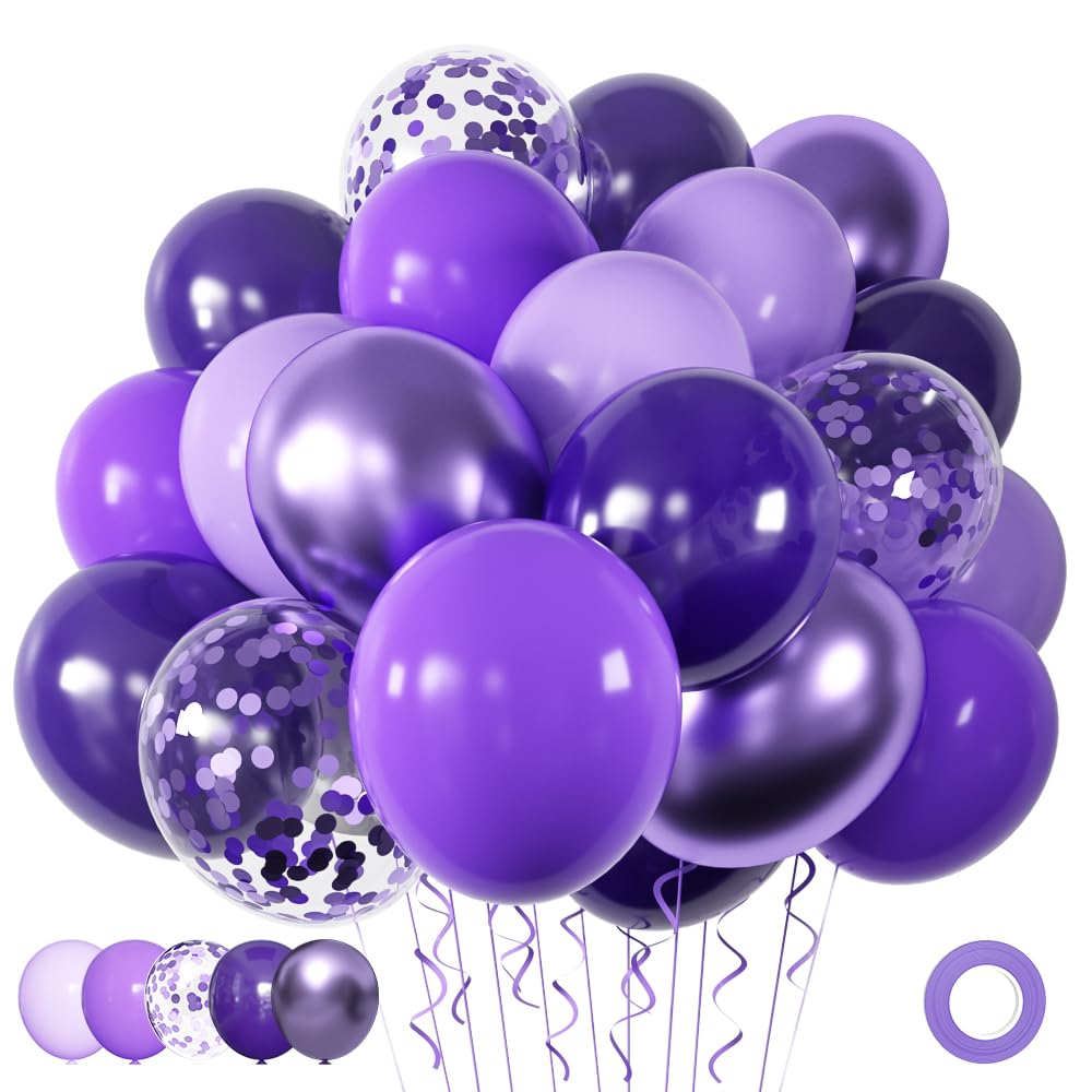 Purple Balloons Set, 60 Pieces 12 Inches Metallic Chrome Purple Balloons Lavender Lilac Balloons Dark Purple Confetti Balloons for Halloween Party Decorations Birthday Bridal Shower