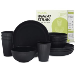 12pcs wheat straw dinnerware sets for 4, kitchen unbreakable plates and bowls sets for college dorm apartment resuable black