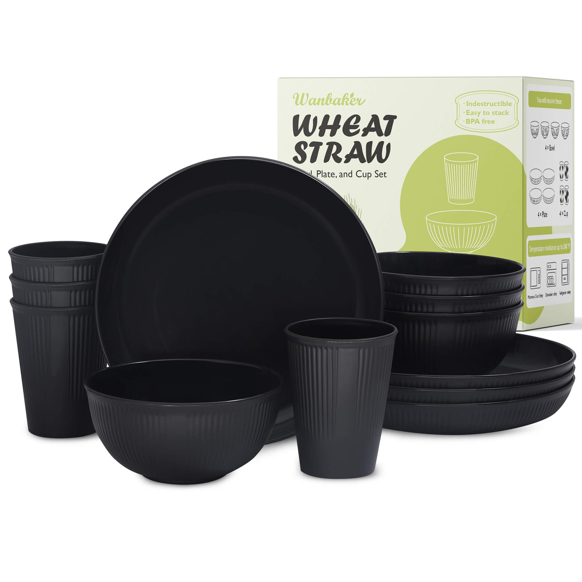 12pcs Wheat Straw Dinnerware Sets for 4, Kitchen Unbreakable Plates and Bowls Sets for College Dorm Apartment Resuable Black