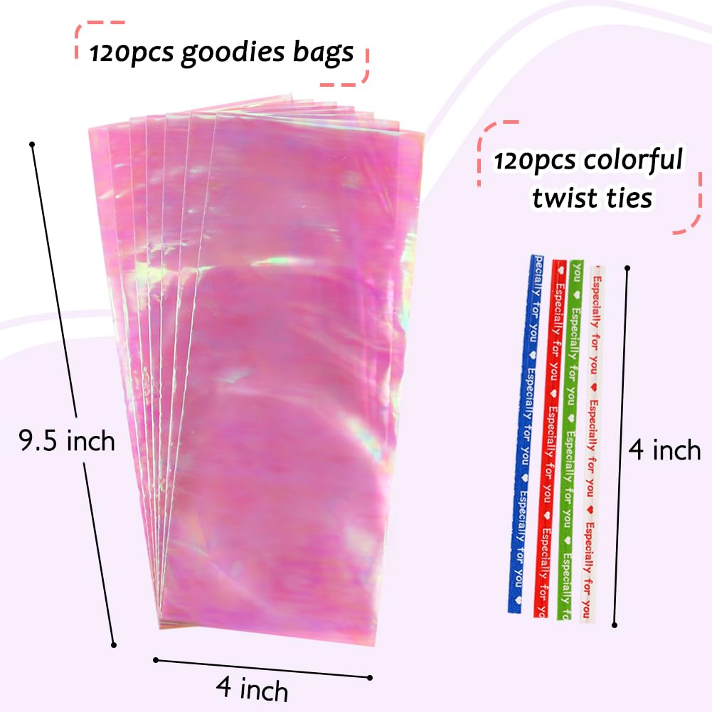 JOINDO 120PCS Iridescent Cellophane Treat Bags,4x9.5 inch Holographic Goodie Bags with Twist Ties,Clear Cello Bags for Thanksgiving, Christmas, New Year