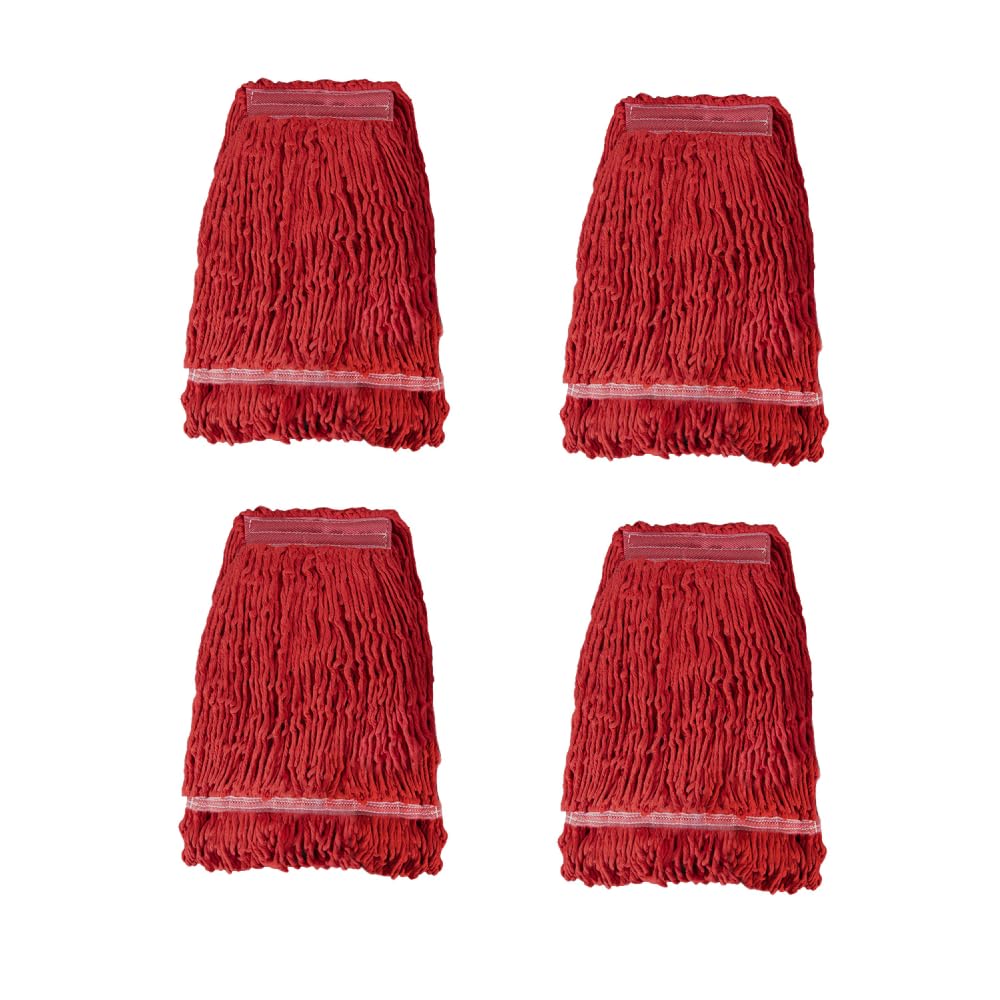 Commercial Mop Head Replacement,Red Cotton Looped End String, Wet Industrial Cleaning Vintage Mop Head Replacements Refill, Machine Washable - Ideal Refill for Commercial Grade Mops(Pack of 4)