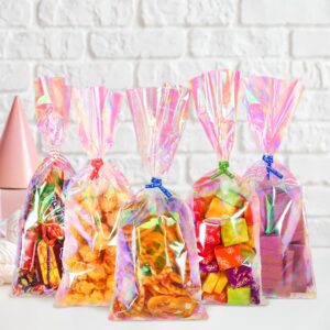 JOINDO 120PCS Iridescent Cellophane Treat Bags,4x9.5 inch Holographic Goodie Bags with Twist Ties,Clear Cello Bags for Thanksgiving, Christmas, New Year