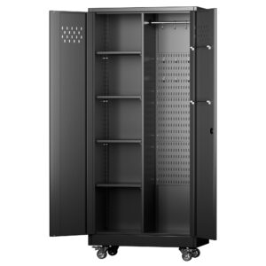 gladiw metal storage cabinet, garage storage cabinet with lockable doors and 4 adjustable shelves, tool cabinet with wheels and pegboards for garages, offices, kitchens, gyms and pantries, black