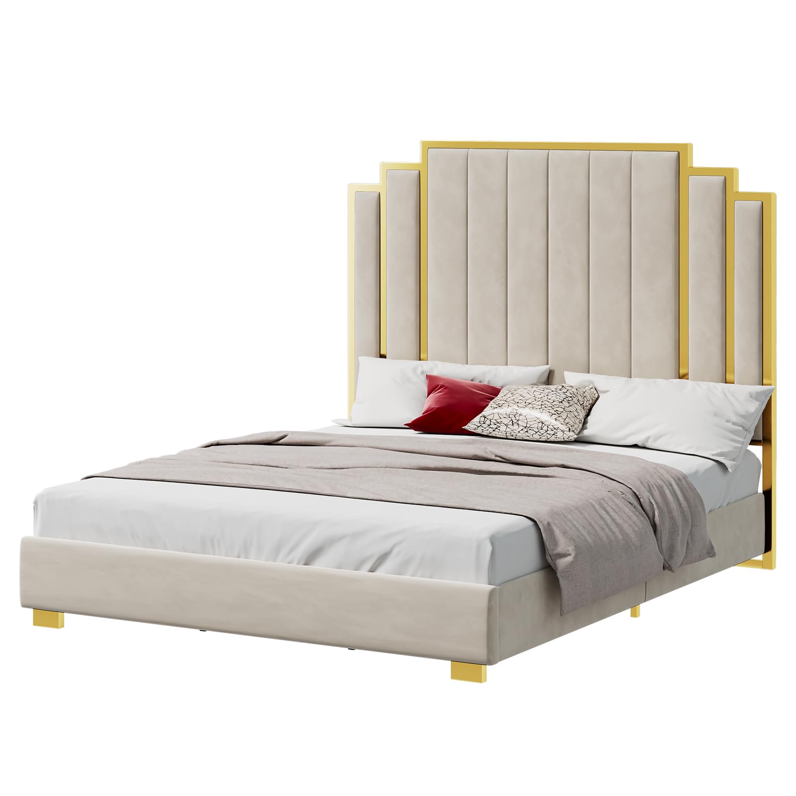 YUMPIE King Size Platform Bed Frame with 65" Extra Tall Headboard, Velvet Upholstered Bed with Golden Plating Trim, Wooden Slats/No Box Spring Needed/Noisy Free/Cream