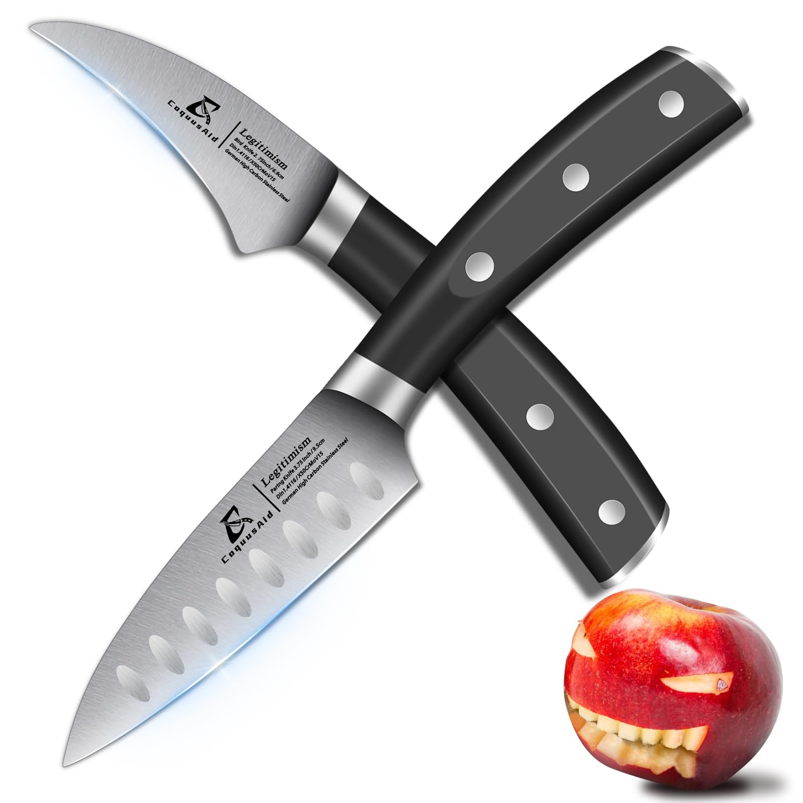 CoquusAid Paring Knife set, 2PCS small kitchen knife for fruit, 3.8 Inch Fruit knife and 2.75 inch Bird Beak peeling knife,Premium Germany Stainless Steel Ergonomic Handle,Elegant Black Ideal for Gift