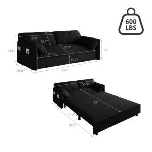 GNIXUU 63.8" Queen Pull Out Sofa Bed, Velvet Convertible Sleeper Sofa Couch with Side Storage, Comfy Loveseat Bed Pull Out Couch for Living Room, Apartment, Small Space(Black)