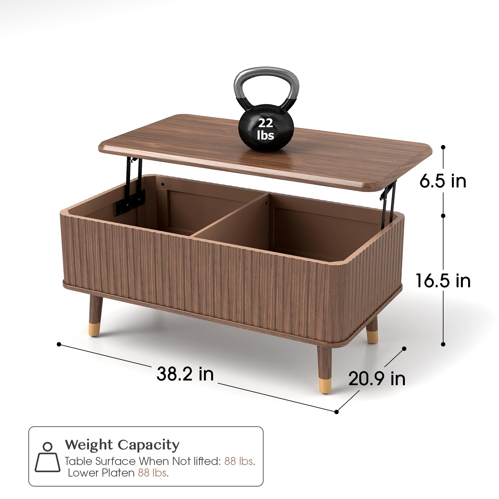 JOINICE,Lift Top Coffee Table with Storage,Mid Century Modern Coffee Table,Fluted Wood Coffee Table,Multi-Functional Center Table for Living Room,Convenient for Dining,Gaming,or Working,Walnut