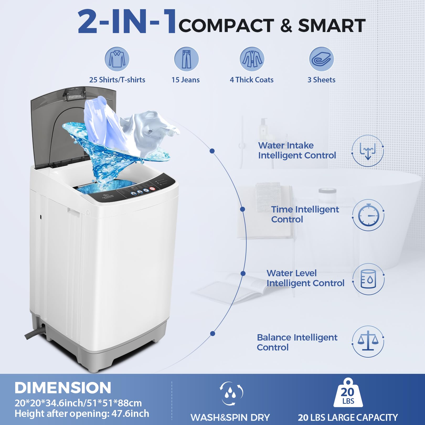 Nictemaw Portable Washing Machine, 20Lbs Capacity Full-Automatic Portable Washer, 2.8Cu.ft Washer and Dryer Combo with Drain Pump, 10 Programs & 8 Water Levels for Apartment, Dorms, RV