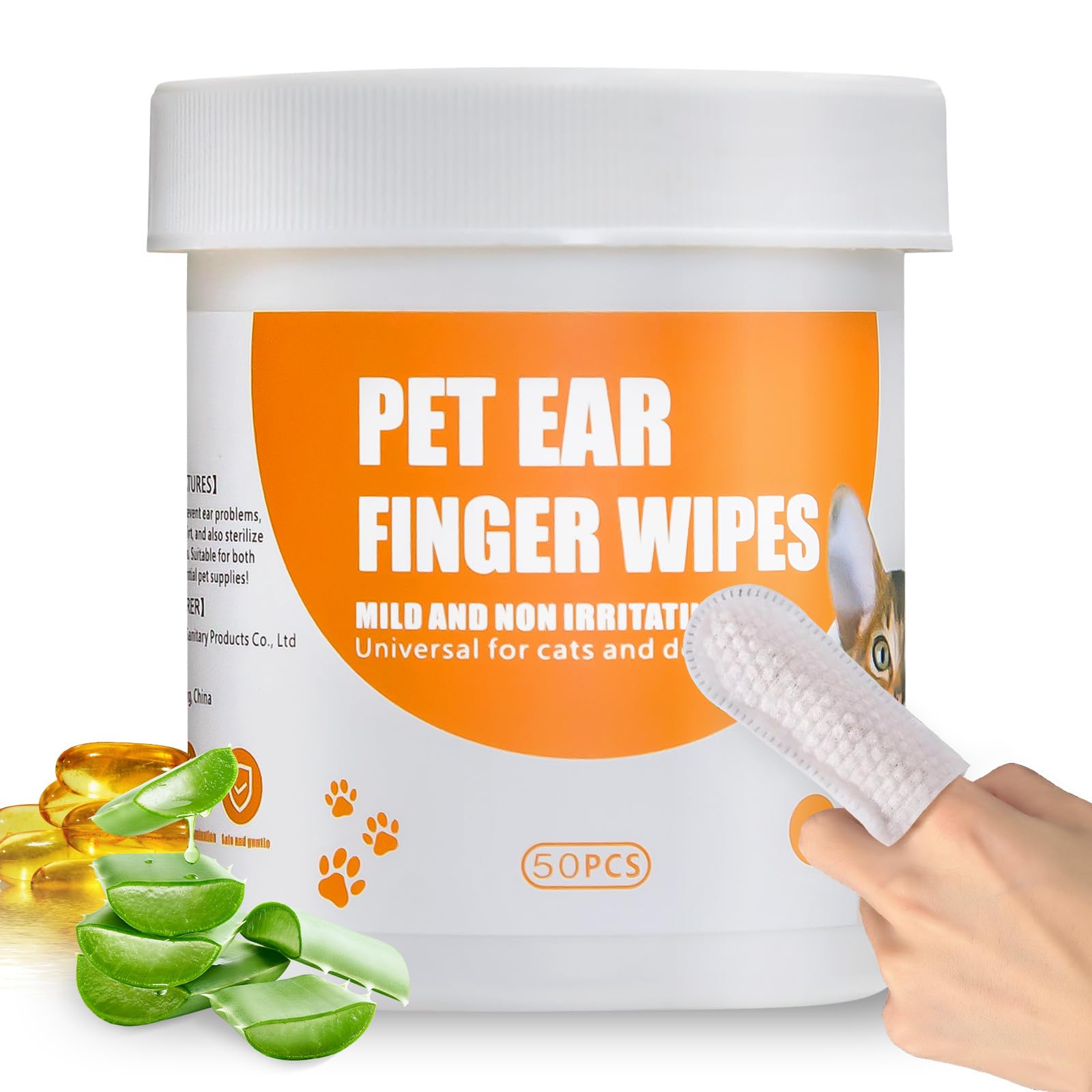 Ear Finger Wipes for Dogs & Cats, 50 Count Dog Ear Cleaner Finger Wipes, for Dirty, Waxy, Smelly Ears - Soothes & Relieves Ear Itching, All Natural Ingredients