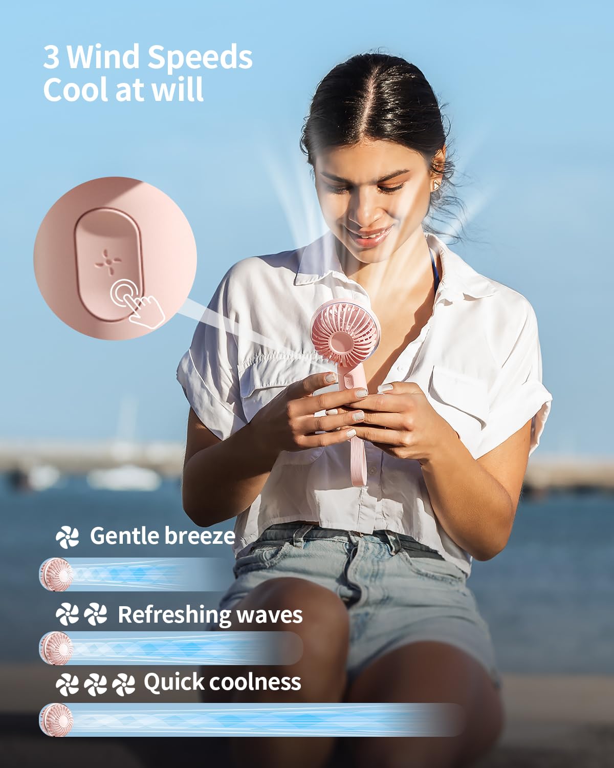 coldSky Portable Handheld Mini Fan, 3 Speeds Personal Small Fan For Makeup Eyelash, Cute Design Rechargeable Desk Fan With Non-slip Base For Travel, Bedroom, Woman, Men