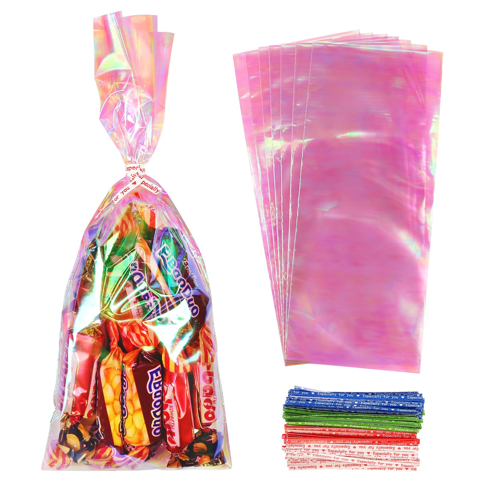 JOINDO 120PCS Iridescent Cellophane Treat Bags,4x9.5 inch Holographic Goodie Bags with Twist Ties,Clear Cello Bags for Thanksgiving, Christmas, New Year