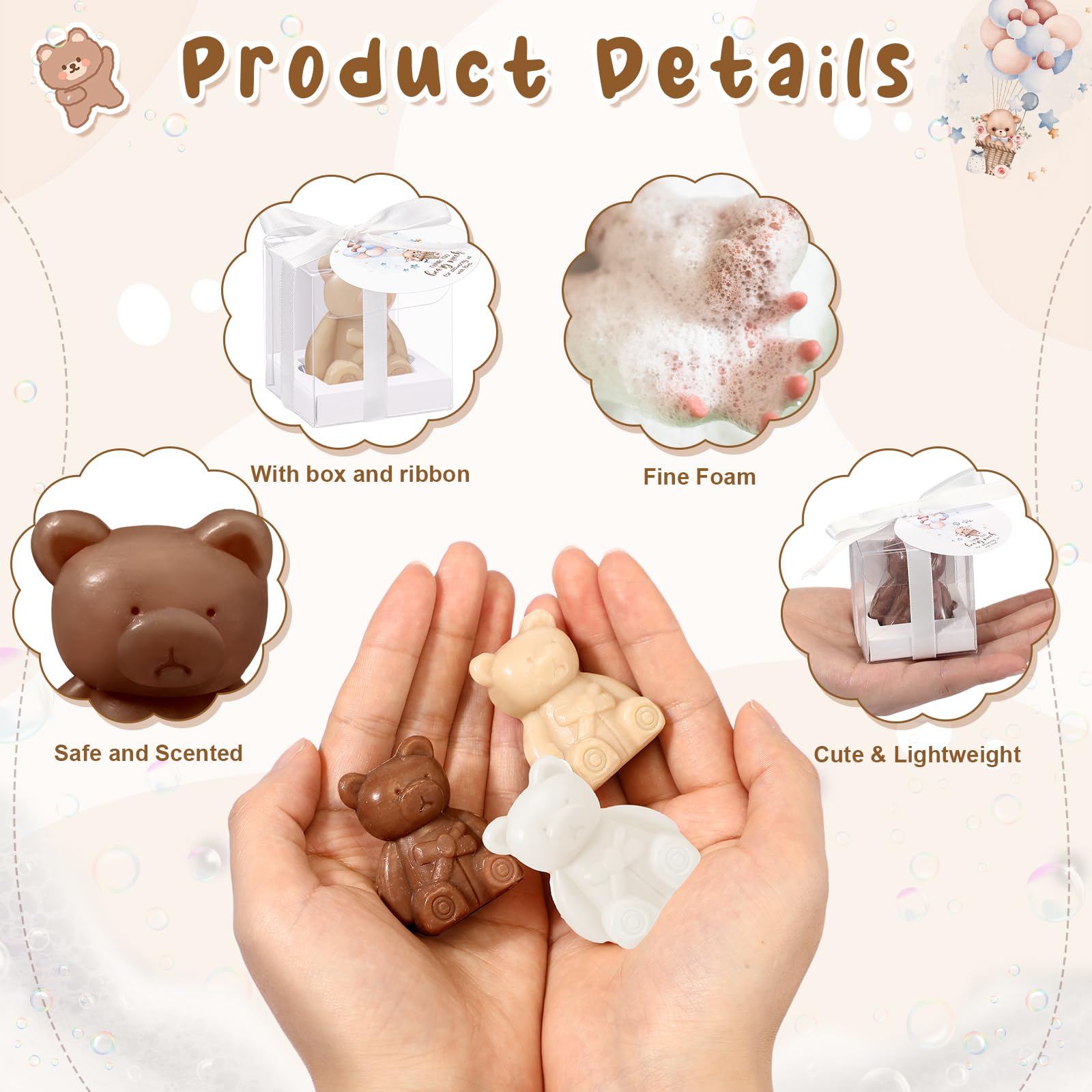 Geosar 36 Pack Bear Baby Shower Favors Baby Shower Soap Favors with Thank You Bear Cards and Boxes for Girls Kids Boys Baby Shower Decoration Guest Gift Supplies (White,light Brown,dark Brown)