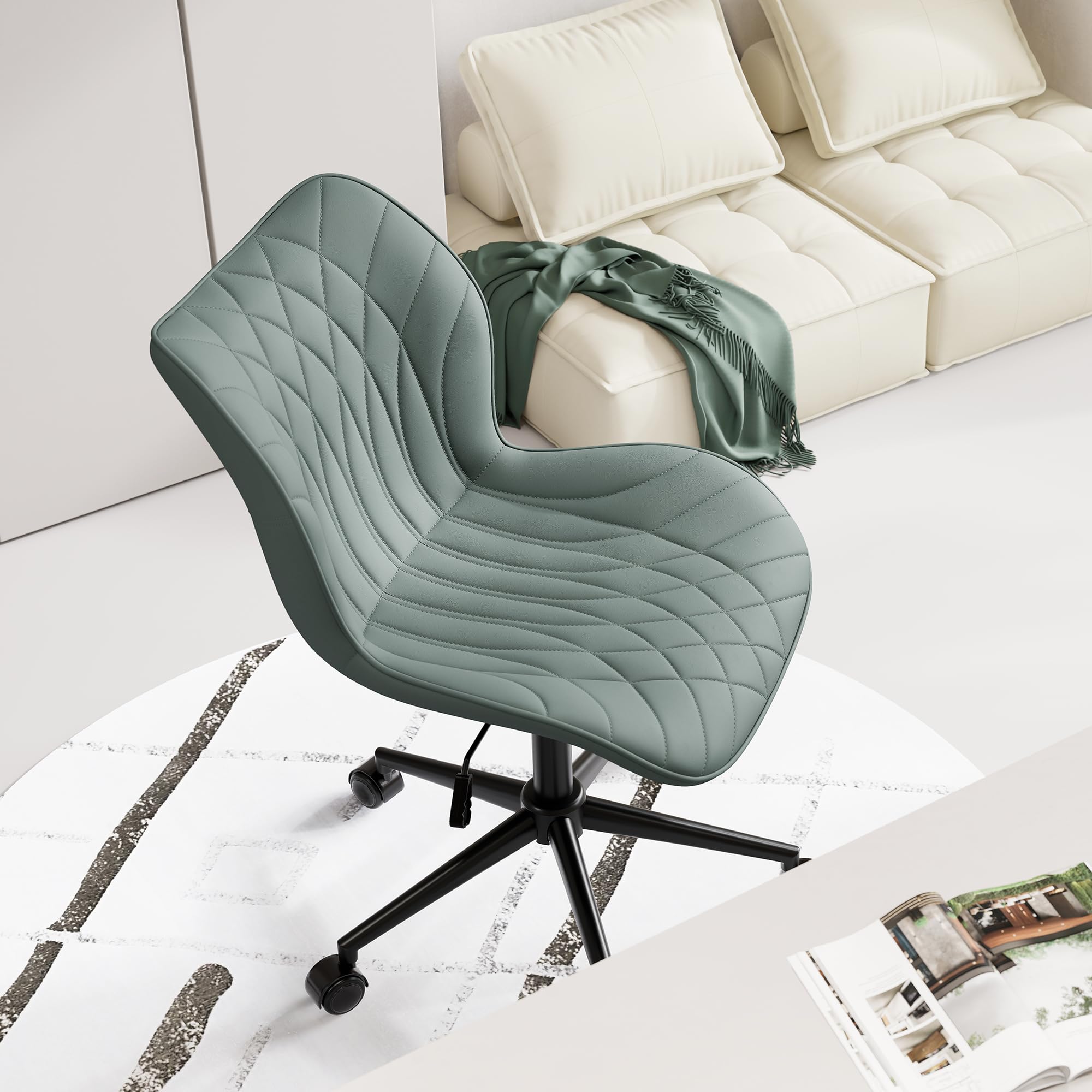 YOUNUOKE Armless Desk Chair Comfy Office Chair with Wheels Home Ergonomic Task Chair Adjustable Computer Chairs Modern Faux Leather Swivel Chair Upholstered Makeup Vanity Chair(Grayish Green)