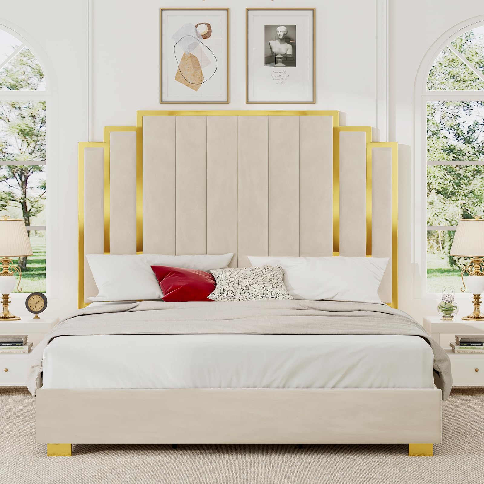 YUMPIE King Size Platform Bed Frame with 65" Extra Tall Headboard, Velvet Upholstered Bed with Golden Plating Trim, Wooden Slats/No Box Spring Needed/Noisy Free/Cream